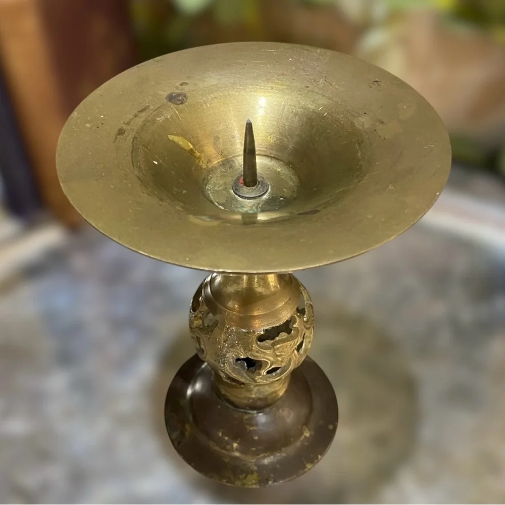 Vintage Solid Brass Open Work Pedestal Candle Holder Spike Plate Pillar